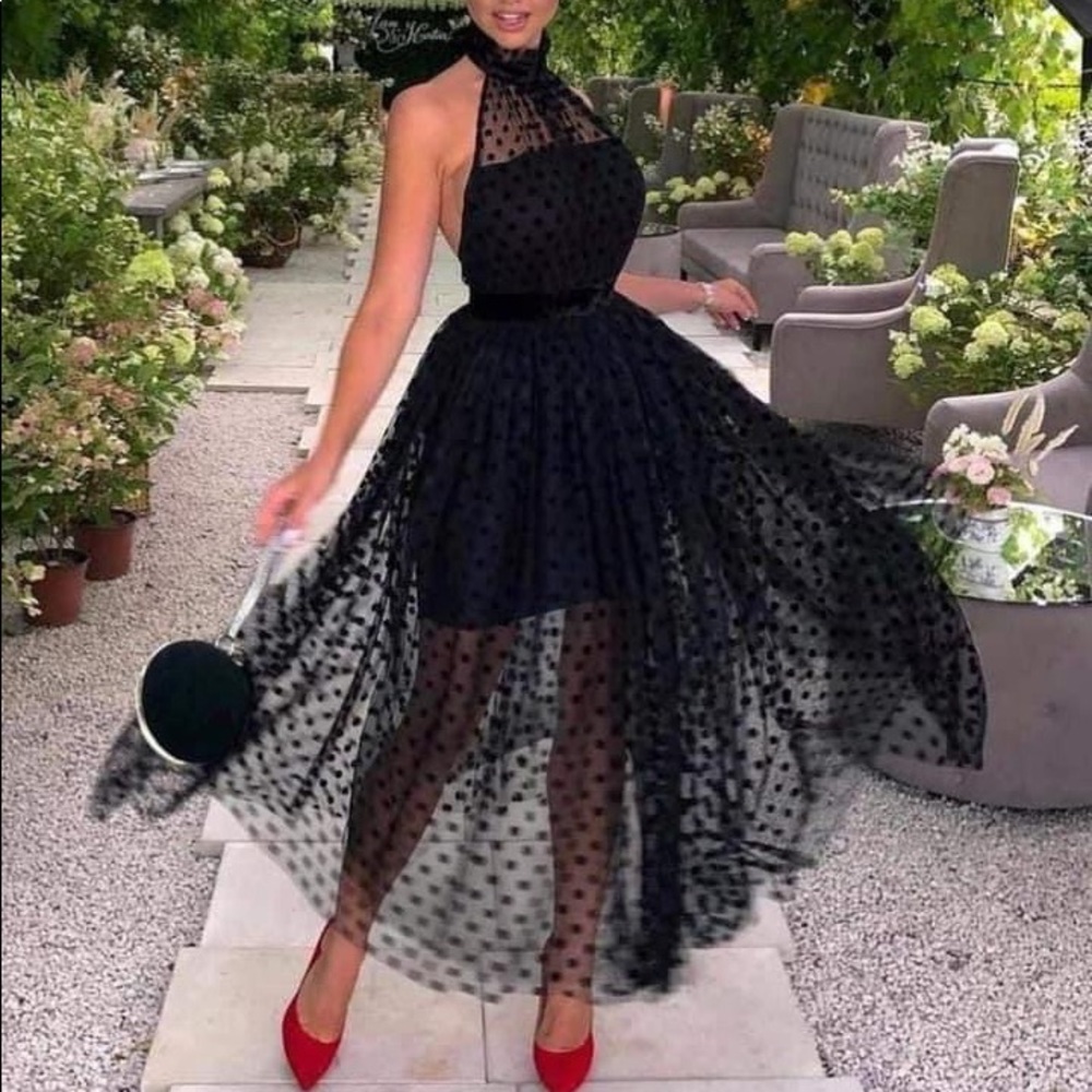 Elegant Black High-Neck Prom Dress with Polka Dot Overlay
